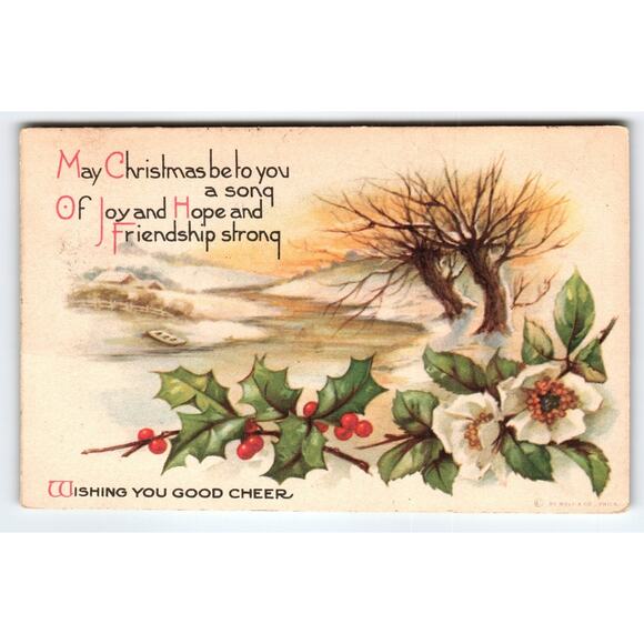 Vintage 1917 Christmas Postcard by Wolf & Co. with Holly & Winter Scene - Picture 1 of 2